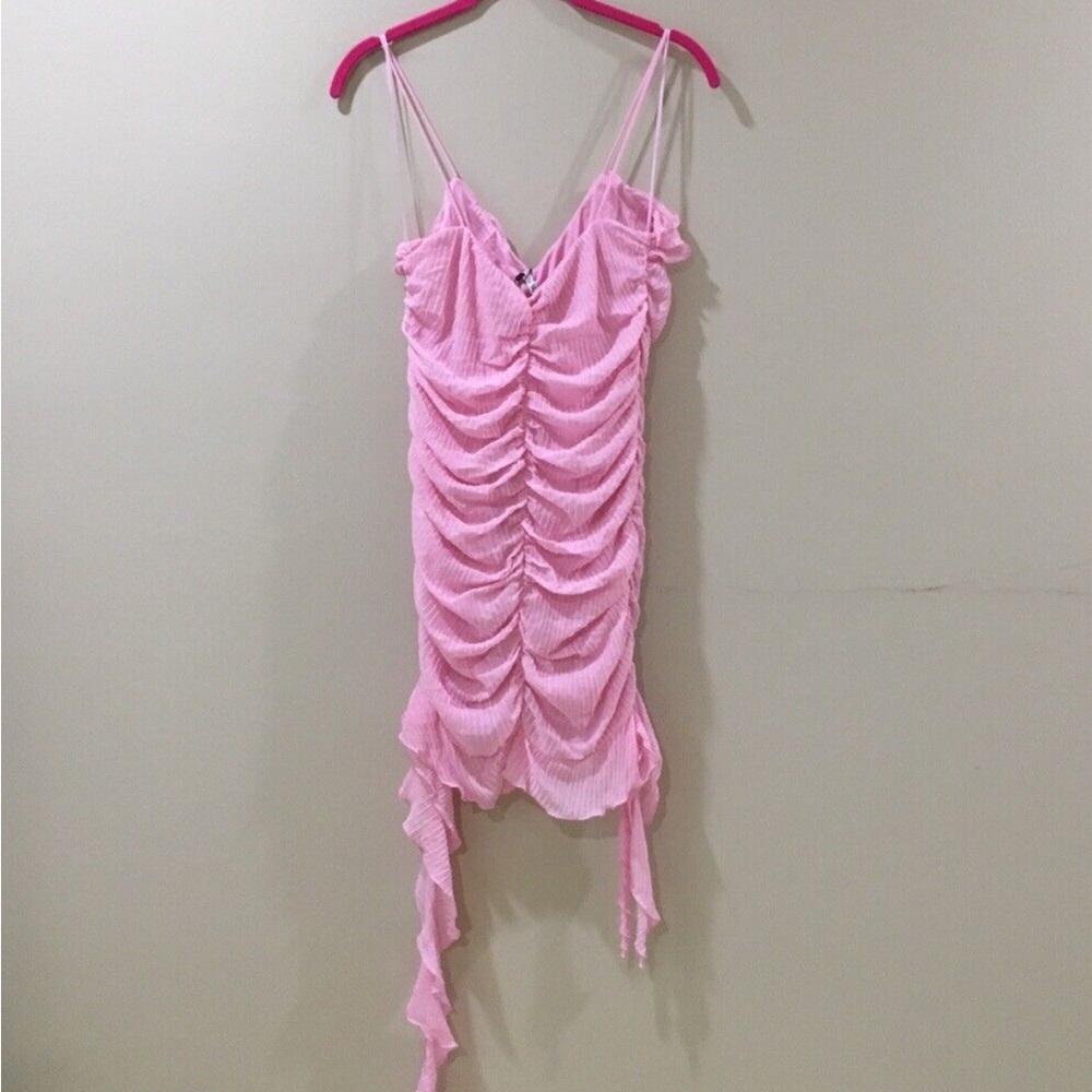 Zara Pink Ruffle Ruched Spaghetti-Strap Mini Dress - Picture 15 of 15